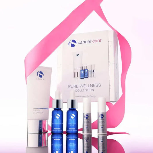 Cancer Care Pure Wellness Collection with various skincare products on a pink and white background