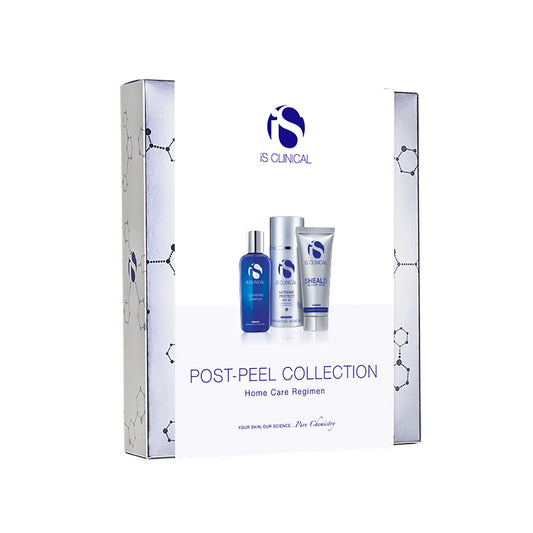 IS Clinical post-peel collection with bottles and packaging on a white background