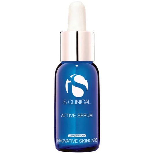 Blue serum bottle with white cap on a white background, featuring 'iS Clinical' branding.