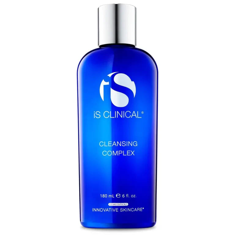 Blue bottle of iS Clinical Cleansing Complex on a white background