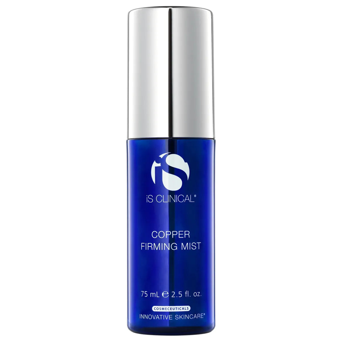 Blue bottle of IS Clinical Copper Firming Mist on a white background