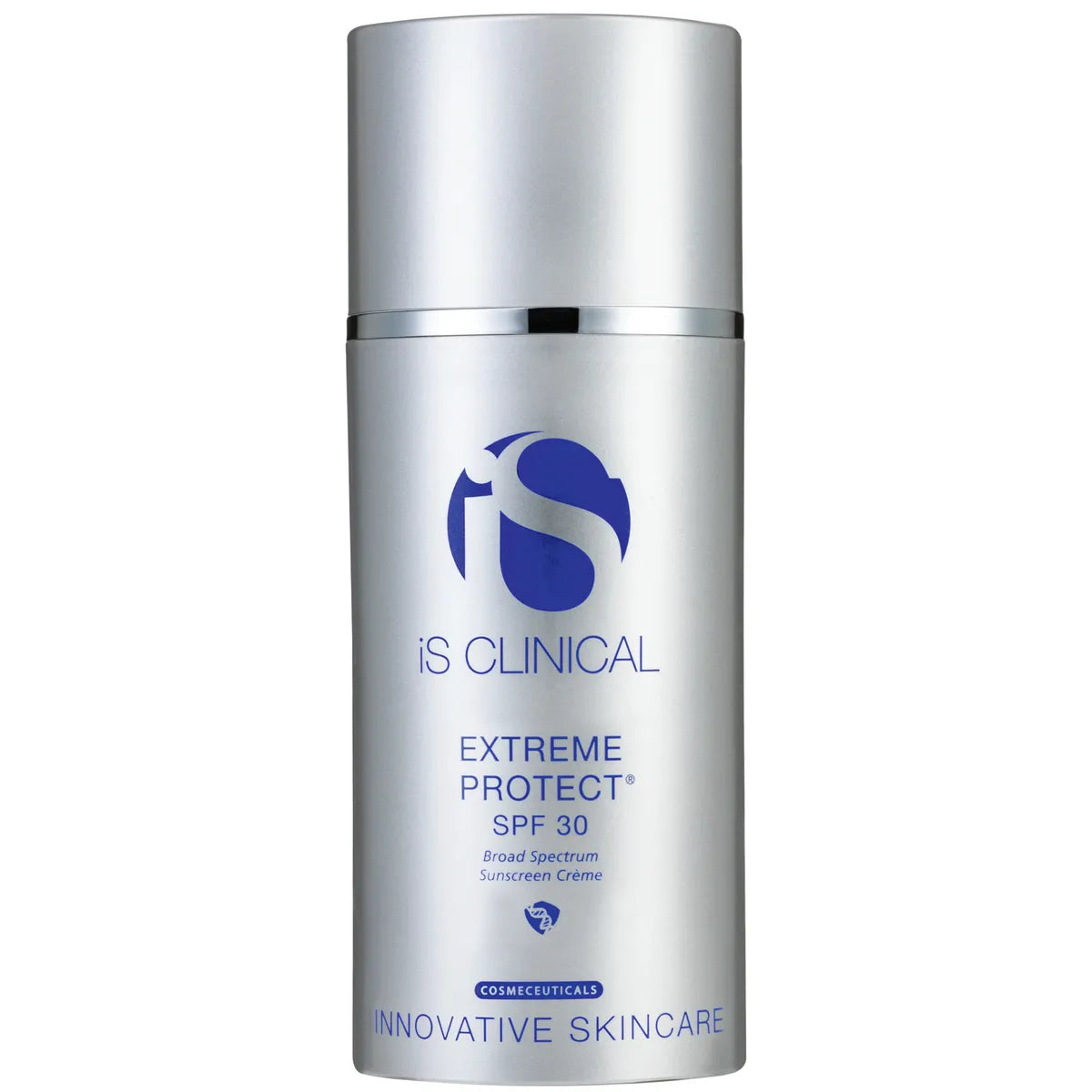 Silver skincare bottle with blue logo and text on a white background