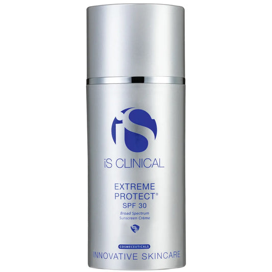 Silver skincare bottle with blue logo and text on a white background