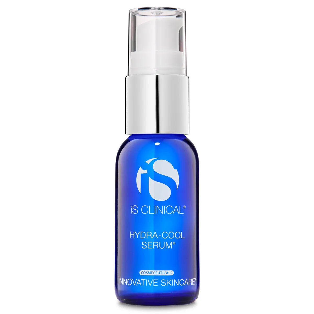 Blue serum bottle with silver cap on a white background