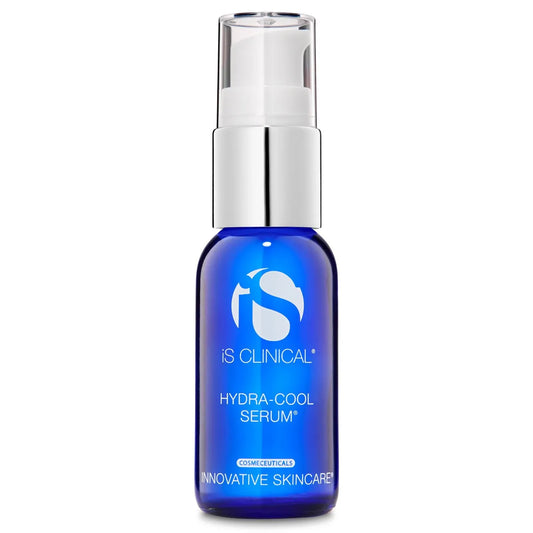 Blue serum bottle with silver cap on a white background