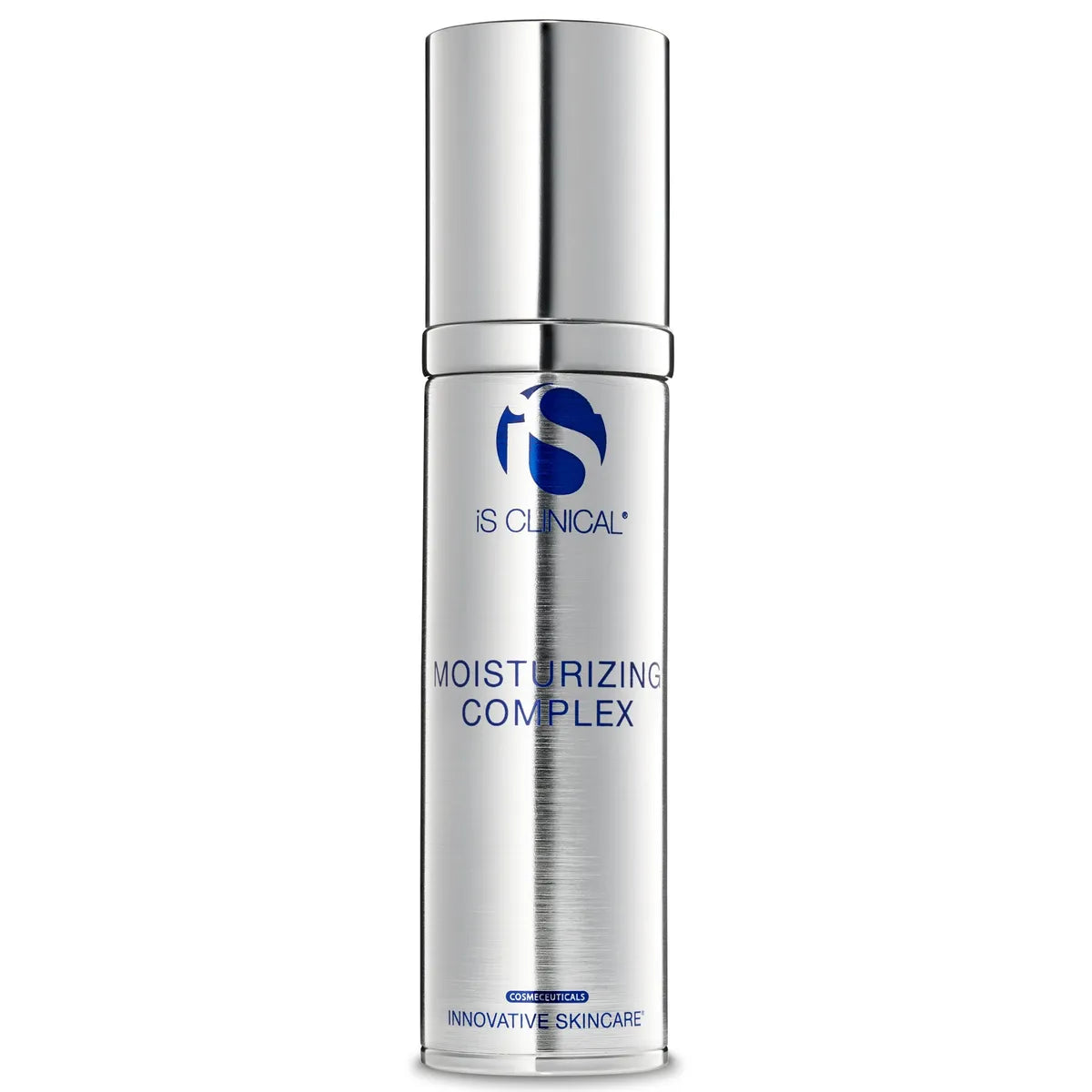 Silver skincare bottle labeled 'IS Clinical' on a white background