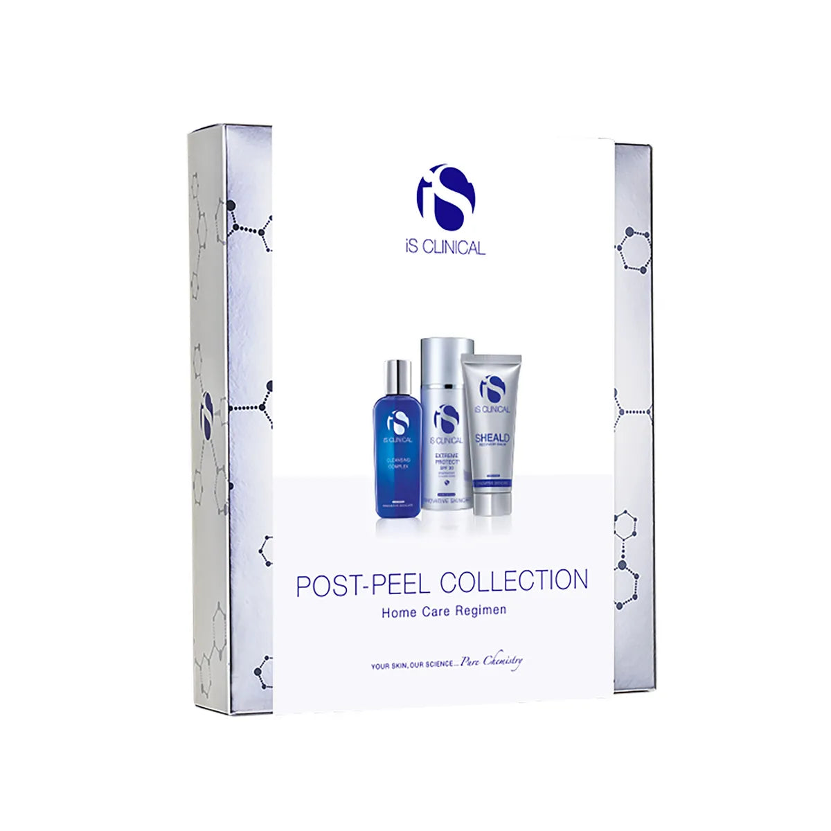 IS Clinical post-peel collection with bottles and packaging on a white background