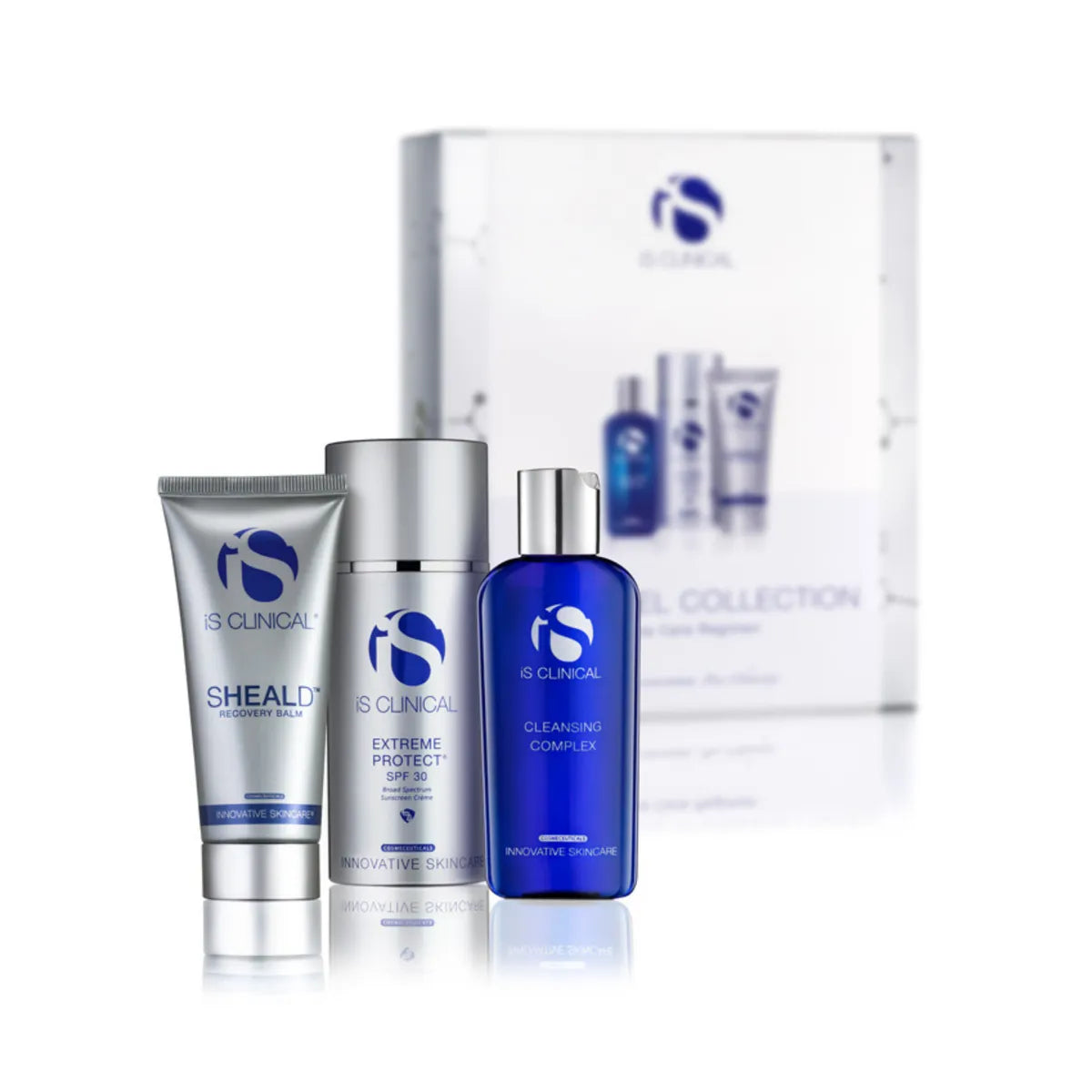 IS Clinical skincare products including bottles and a box on a white background