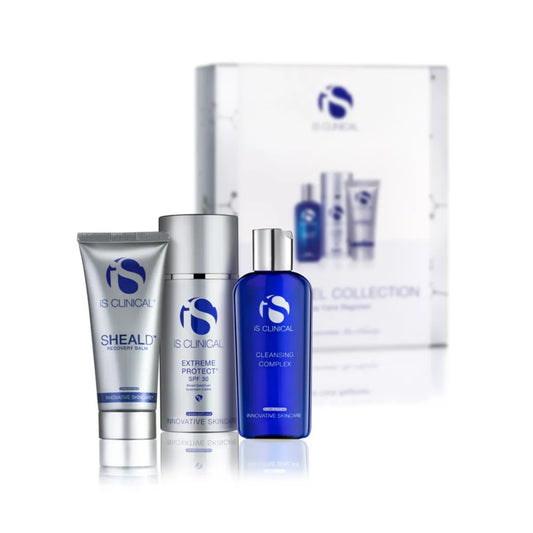 IS Clinical skincare products including bottles and a box on a white background